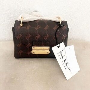 NWT Nicole Miller Faux Leather Crossbody Chain Brown Logo Purse